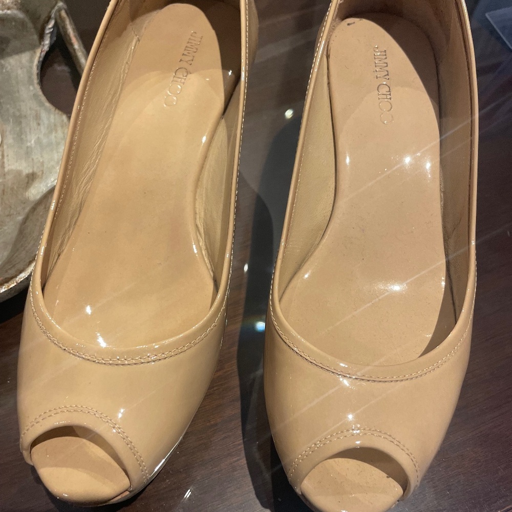 Jimmy Choo Nude Patent Cork Platform Wedges, Size 8
